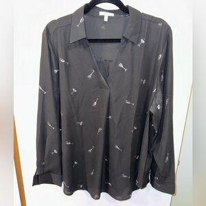 Maurices Black Atwood Champagne Print Pleated Blouse V-Neck Long Sleeves Size 1X